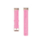 Pink nylon watch strap with rose-gold tone metal clasp ends, front and back view