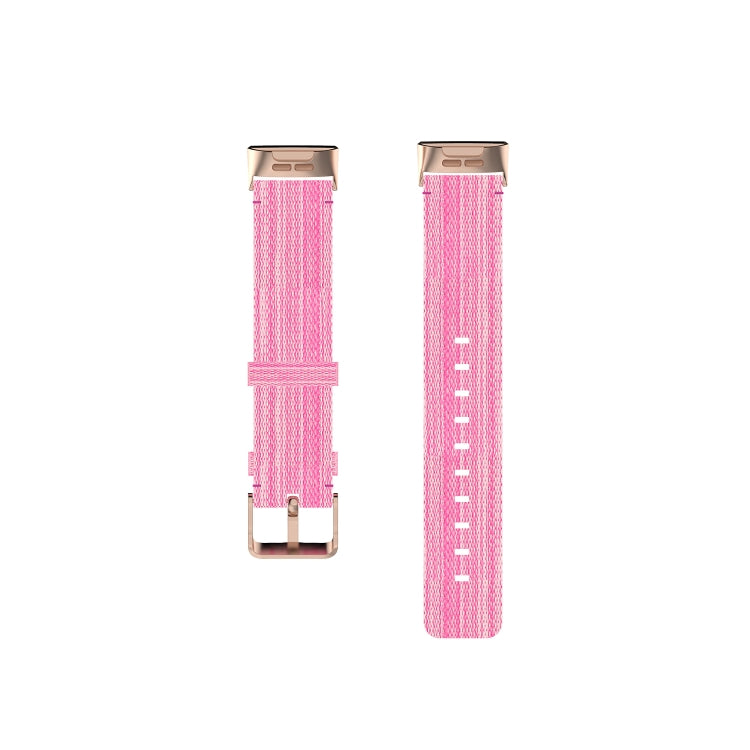 Pink nylon watch strap with rose-gold tone metal clasp ends, front and back view