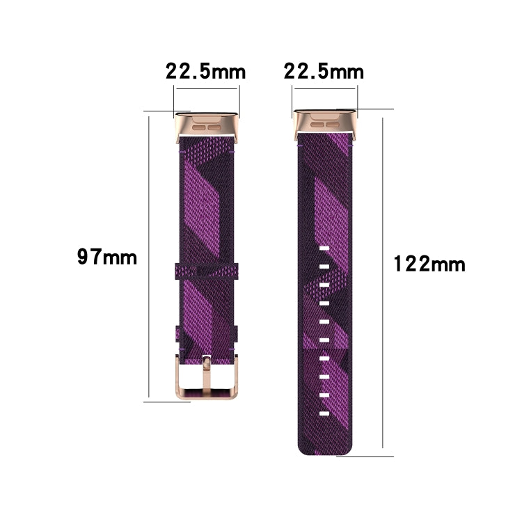 Nylon watch strap size diagram with purple patterned band and rose-gold clasp ends