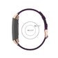 Purple nylon watch strap with rose-gold clasp ends and fit range circle graphic