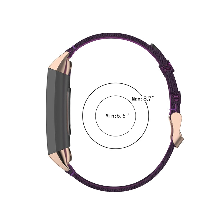 Purple nylon watch strap with rose-gold clasp ends and fit range circle graphic