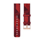 20mm nylon denim watch strap close-up, red stripe fabric with silver-tone buckle
