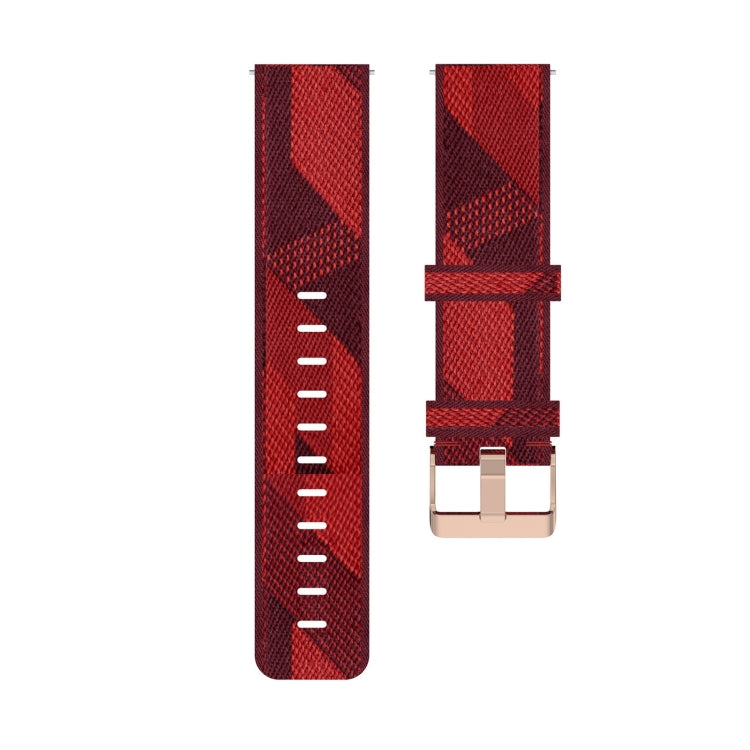 20mm nylon denim watch strap close-up, red stripe fabric with silver-tone buckle