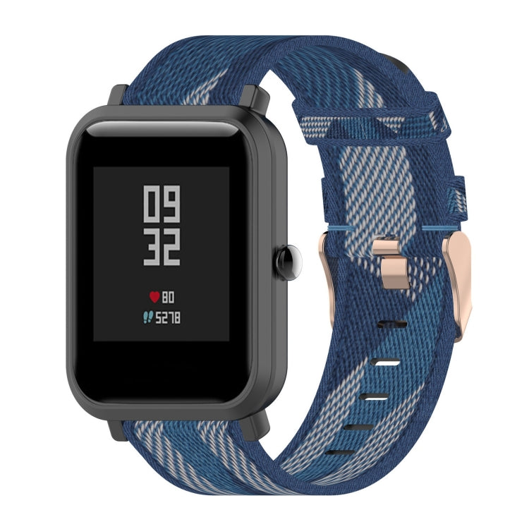 20mm nylon denim watch strap with blue stripe pattern and metal clasp