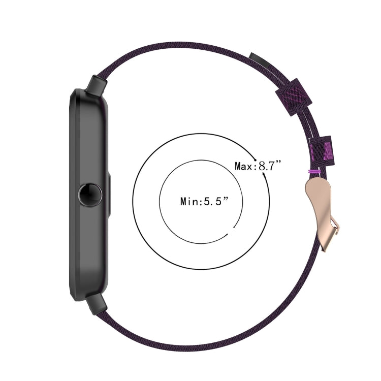 20mm nylon denim watch strap, purple stripe with buckle and size range markings