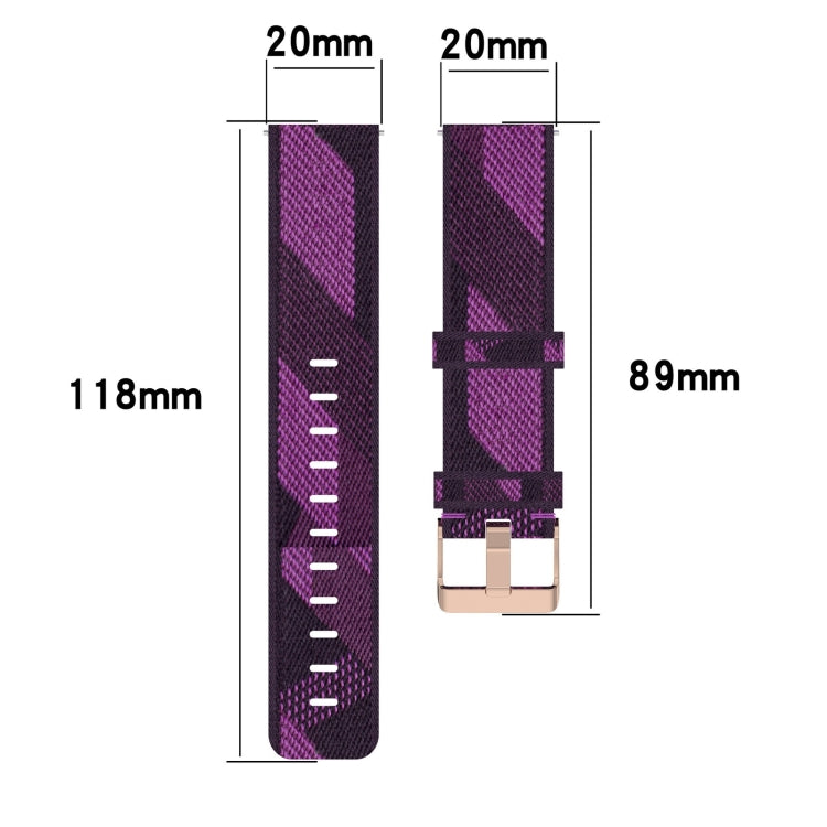 20mm purple stripe watch strap with 20mm width and length measurement diagram