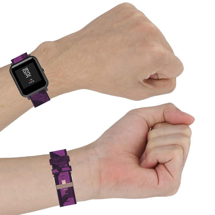 Nylon canvas watch strap with purple stripe weave and metal clasp buckle
