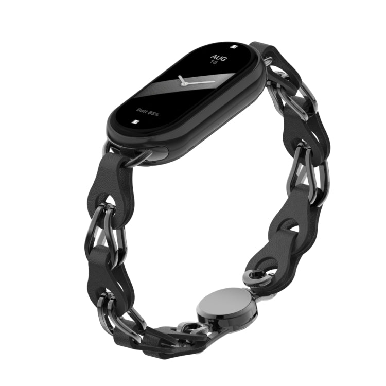 Hollow leather chain watch band with magnetic buckle, black, adjustable link style