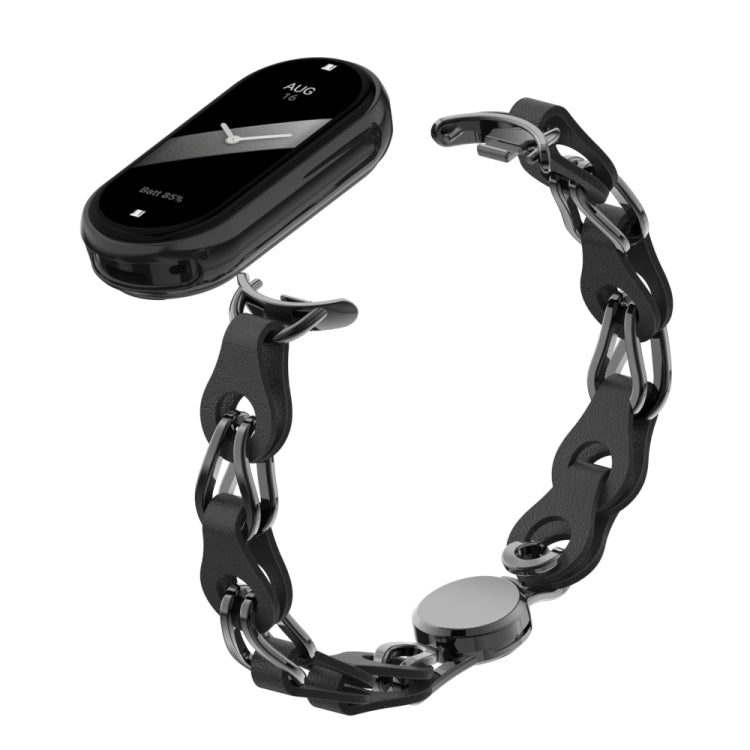 Hollow leather chain watch band with magnetic buckle, black links and round clasp