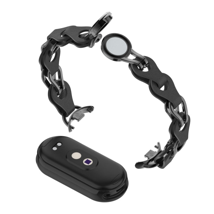 Hollow leather chain watch band with magnetic buckle, black, link strap with clasp