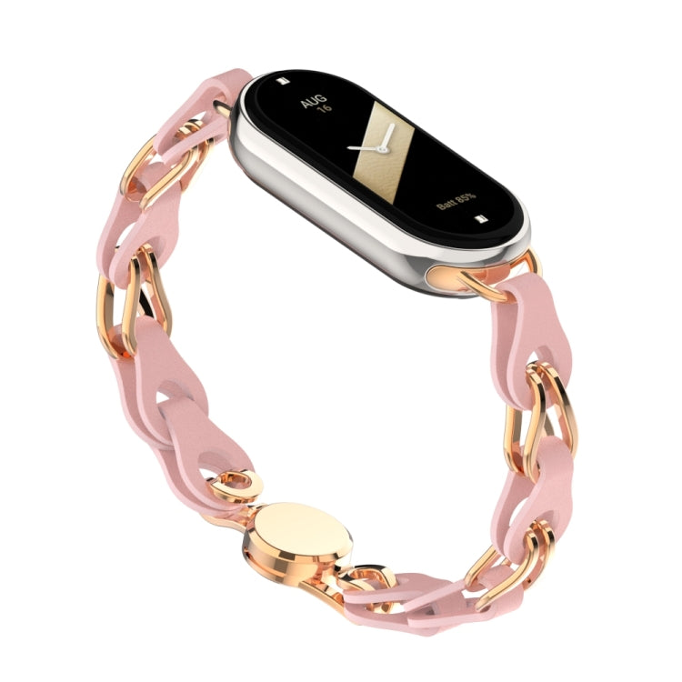 Hollow leather chain watch band with magnetic buckle, pink, gold-tone clasp links