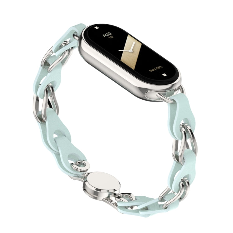 Hollow leather chain watch band with magnetic buckle, light blue, silver clasp links