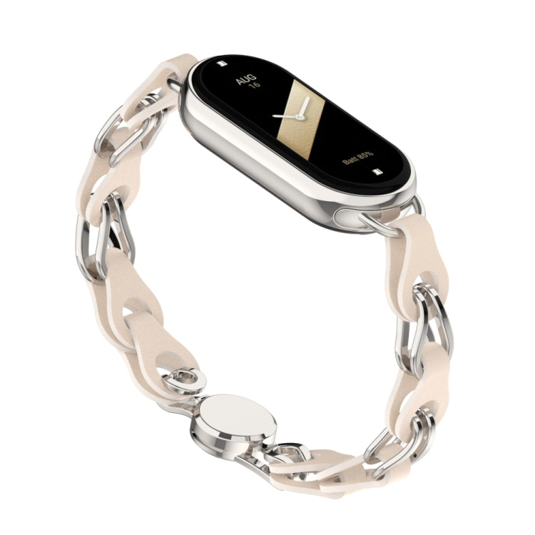 Hollow leather chain watch band with magnetic buckle, beige/cream, silver chain links