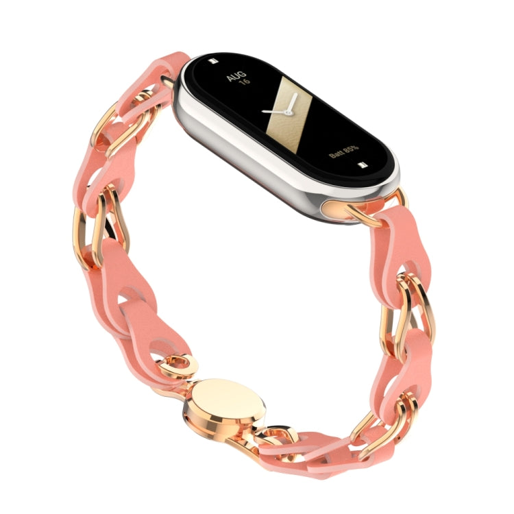 Hollow leather chain watch band with magnetic buckle, coral/pink, gold-tone clasp links