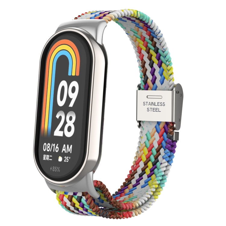 Adjustable nylon braided watch band with stainless steel buckle; multicolor woven pattern