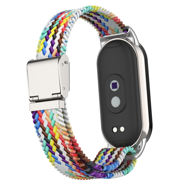 Adjustable nylon braided watch band with stainless steel buckle; black device and multicolor braid