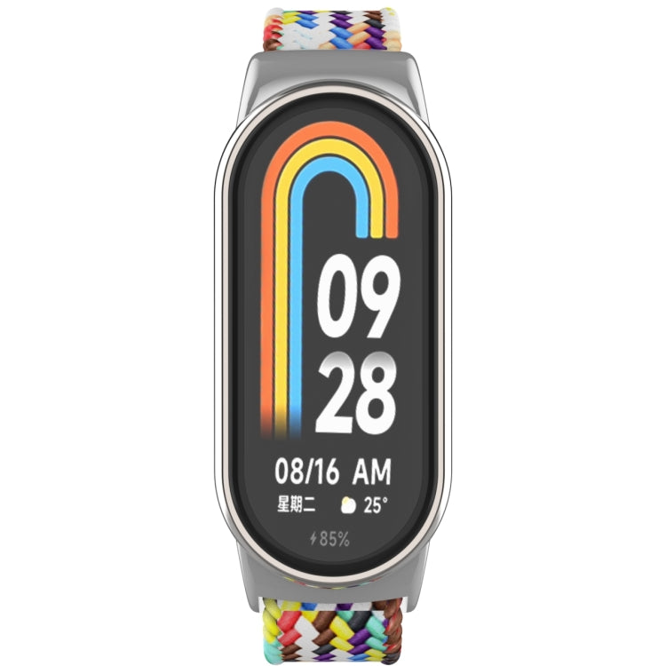 Adjustable nylon braided watch band with stainless steel buckle; multicolor woven strap