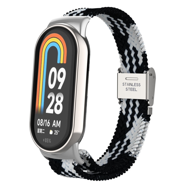 Adjustable nylon braided watch band with stainless steel buckle; black and white braided pattern