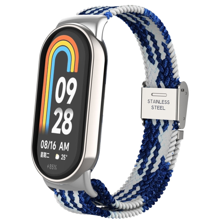 Adjustable nylon braided watch band with stainless steel buckle; blue and white braided strap