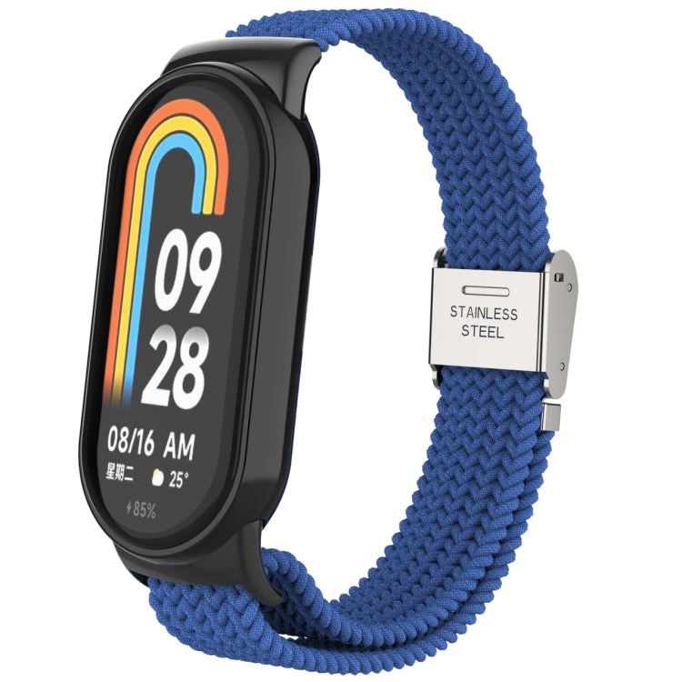 Adjustable nylon braided watch band with stainless steel buckle; solid blue woven strap