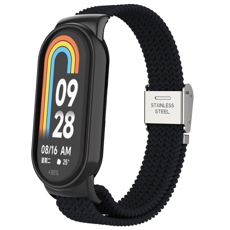 Adjustable nylon braided watch band with stainless steel buckle; solid black woven strap