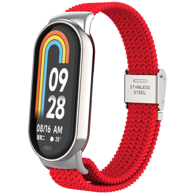 Adjustable nylon braided watch band with stainless steel buckle; red woven strap