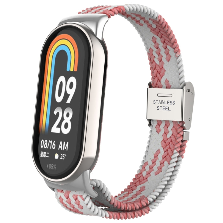 Adjustable nylon braided watch band with stainless steel buckle, red and white