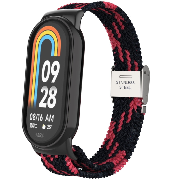Adjustable nylon braided watch band with stainless steel buckle, black and red