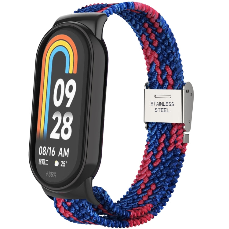 Adjustable nylon braided watch band with stainless steel buckle, blue and red