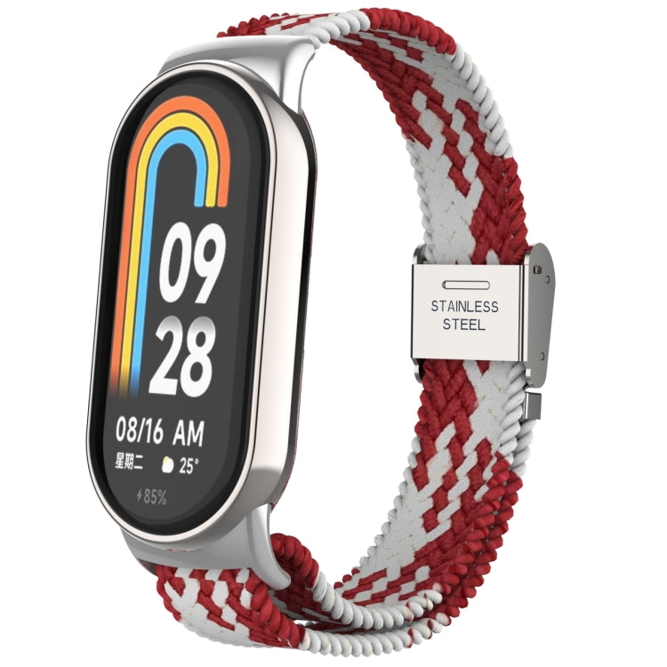 Adjustable nylon braided watch band with stainless steel buckle, white and red