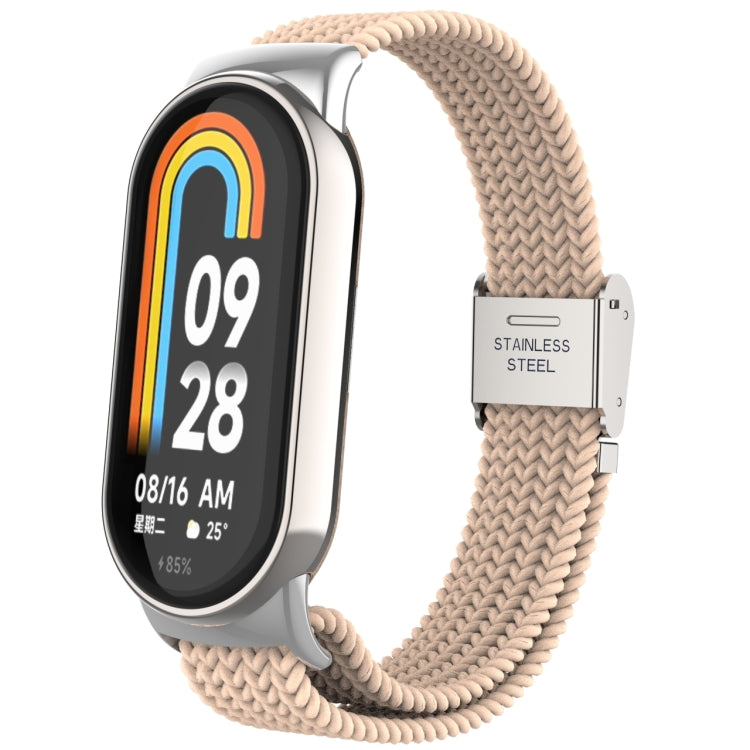 Adjustable nylon braided watch band with stainless steel buckle, beige