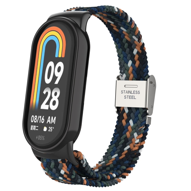 Adjustable nylon braided watch band with stainless steel buckle, blue and orange