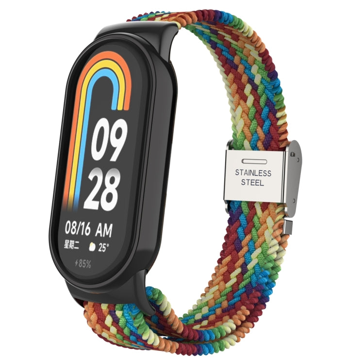 Adjustable nylon braided watch band with stainless steel buckle, multicolor weave