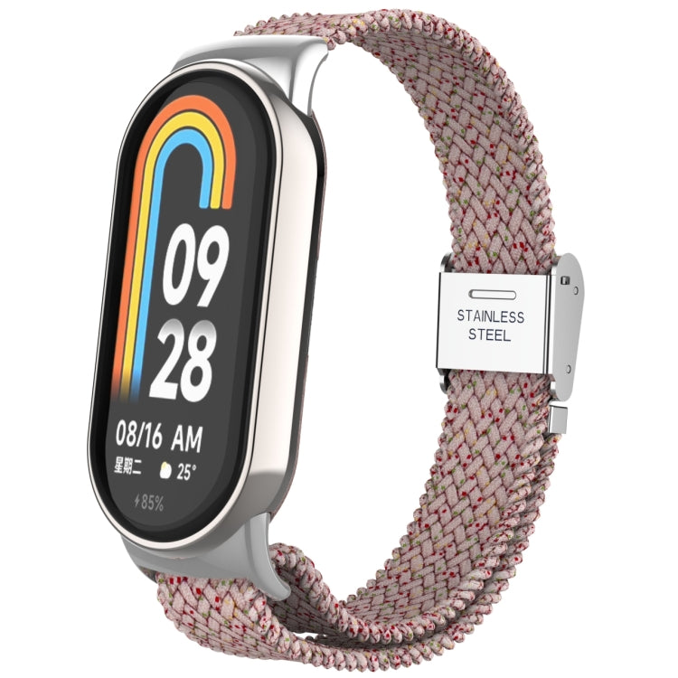 Adjustable nylon braided watch band with stainless steel buckle, pink-gray speckled weave