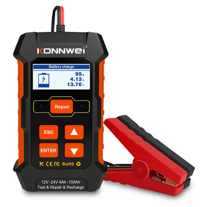 KONNWEI car battery tester with LCD screen, orange buttons, and red clamp lead