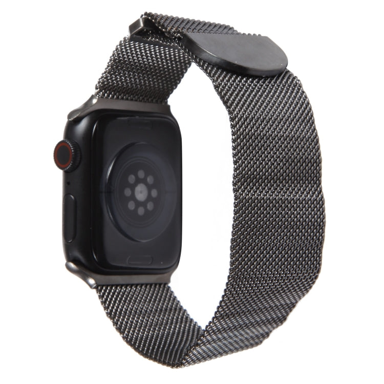 Gunmetal Milanese mesh magnetic watch band on Apple Watch, close-up