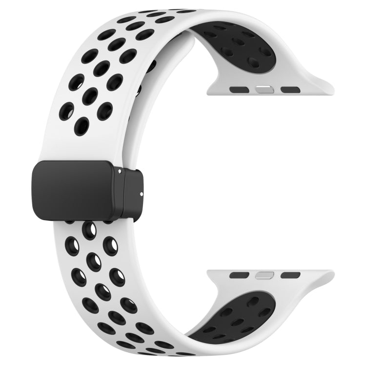 Silicone watch band with magnetic buckle, white with black perforations and black clasp