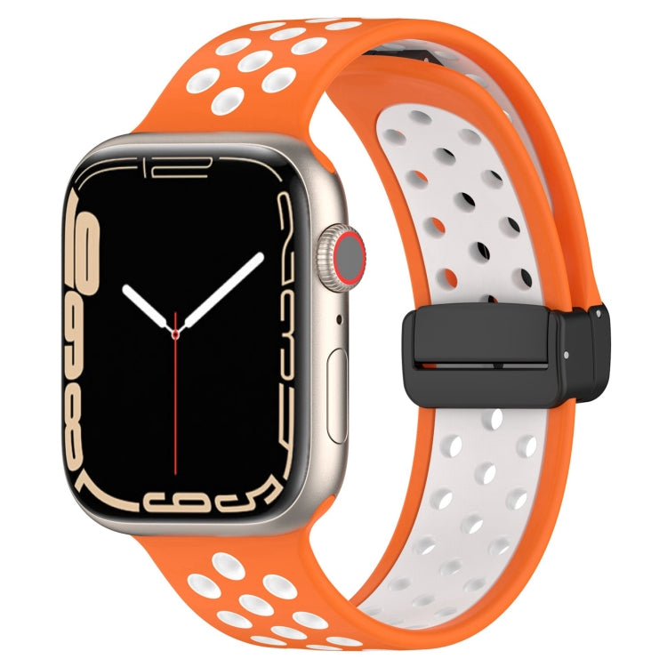 Silicone watch band with magnetic buckle, orange with white perforations and black clasp