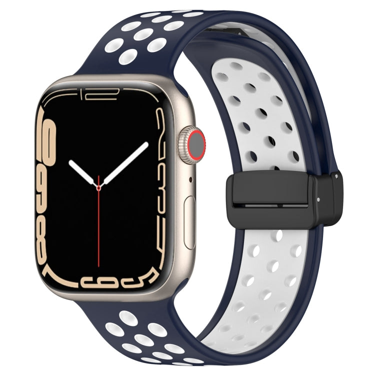 Silicone watch band with magnetic buckle, navy with white perforations and black clasp