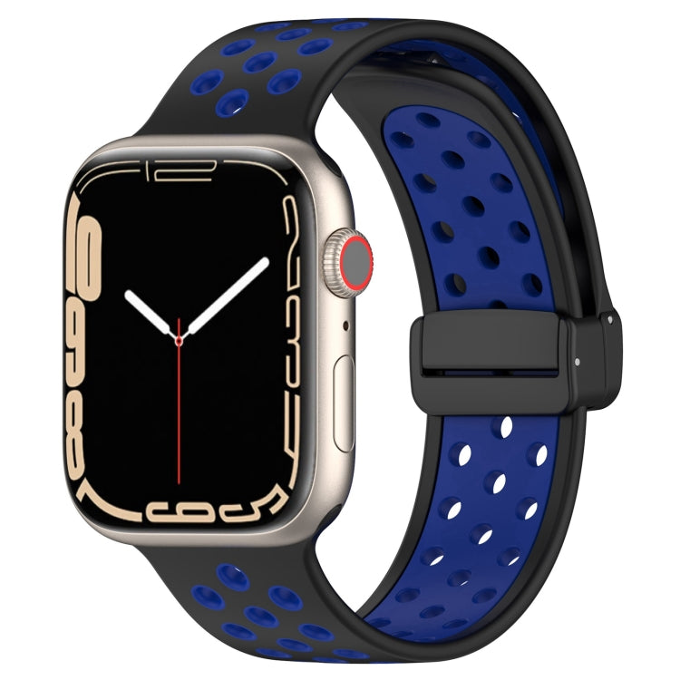 Navy blue silicone watch band with magnetic buckle, perforated sport-style holes.