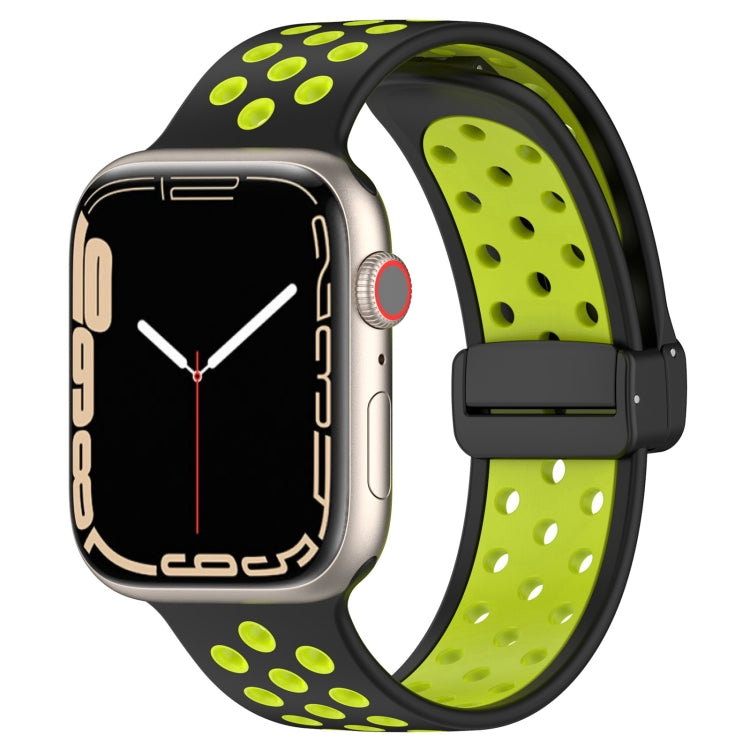 Lime green silicone watch band with magnetic buckle, perforated sport-style holes.