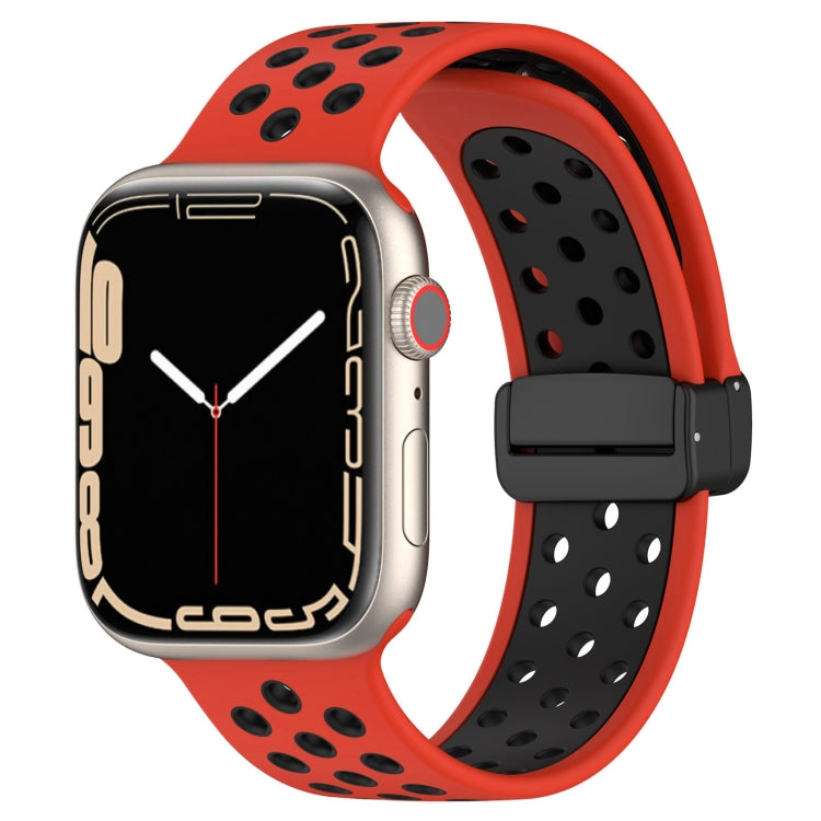 Red silicone watch band with magnetic buckle, perforated sport-style holes.