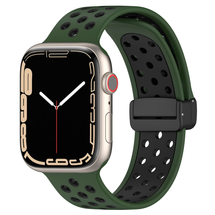 Olive green silicone watch band with magnetic buckle, perforated sport-style holes.