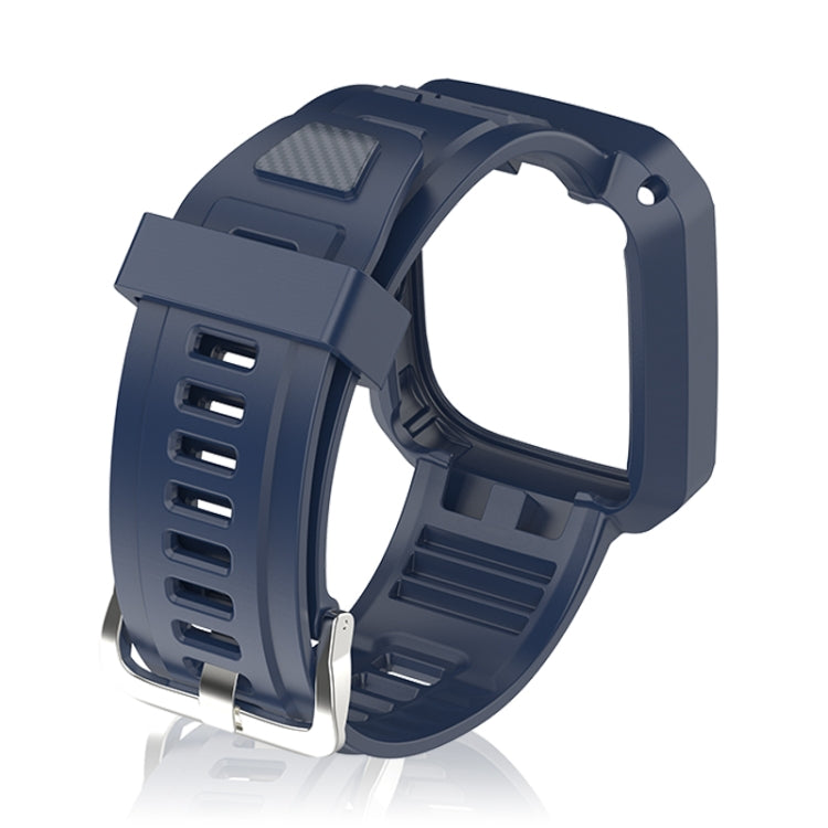 Blue silicone watch band with carbon-fiber texture and clasp side view