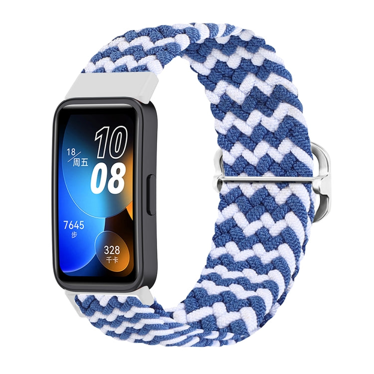 Nylon braided watch band, blue and white chevron knit, silver buckle, for Huawei Band 8