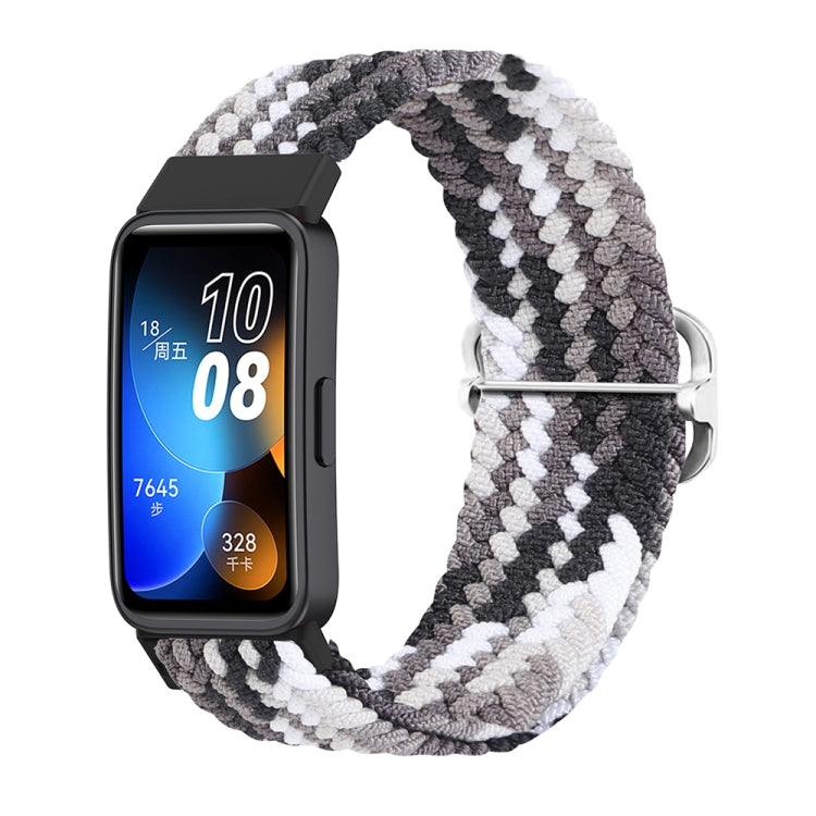 Nylon braided watch band, gray and white chevron knit, silver buckle, for Huawei Band 8