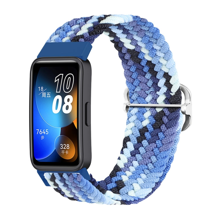 Nylon braided watch band, light blue and dark blue chevron knit, silver buckle, for Huawei Band 8