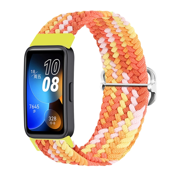 Nylon braided watch band, orange and rainbow chevron knit, silver buckle, for Huawei Band 8