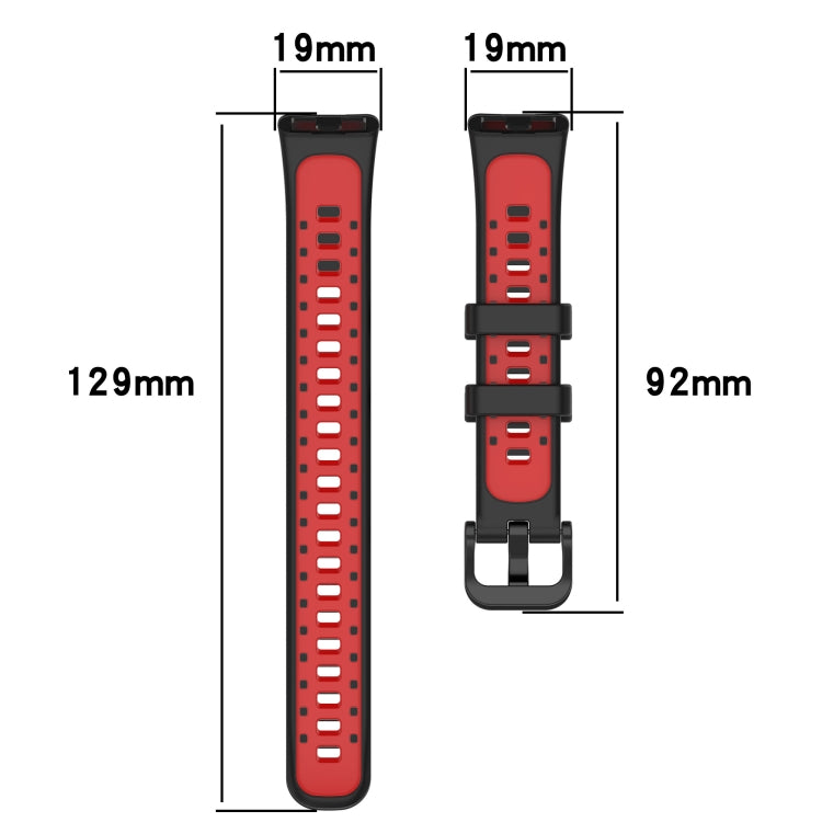Red silicone watch band with black buckle and multiple size holes