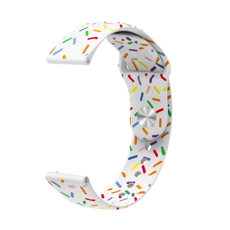 White silicone watch band with colorful oval dot sprinkles, reverse buckle clasp shown.